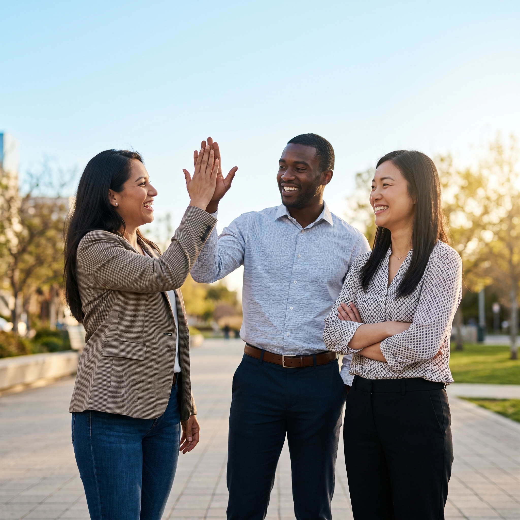 Team members high-fiving outdoors